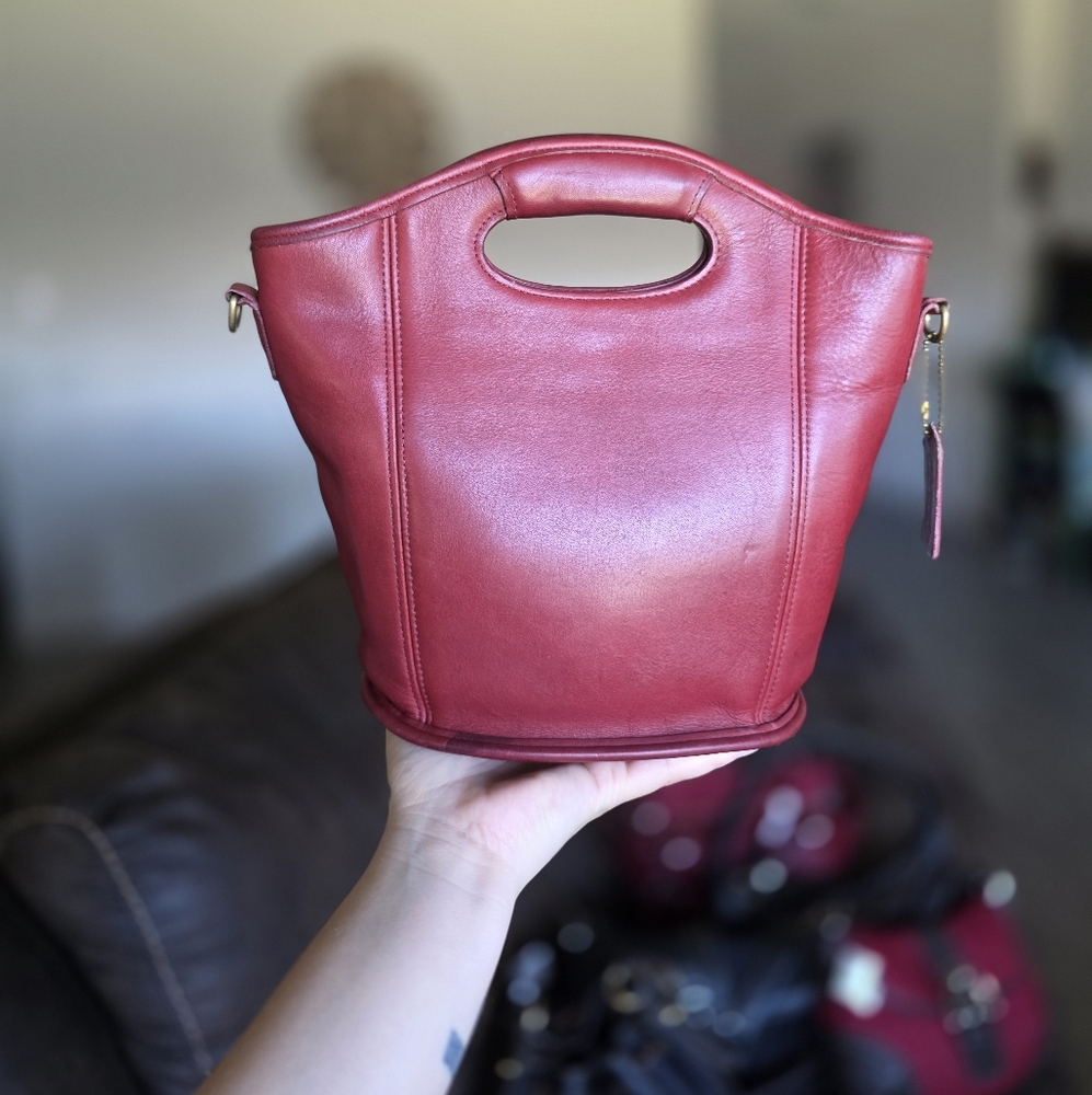 Coach Vintage Red Leather Mini Shopper Satchel Bucket Tote Crossbody Bag